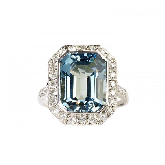 Art Deco Aquamarine, Diamond and Platinum Ring