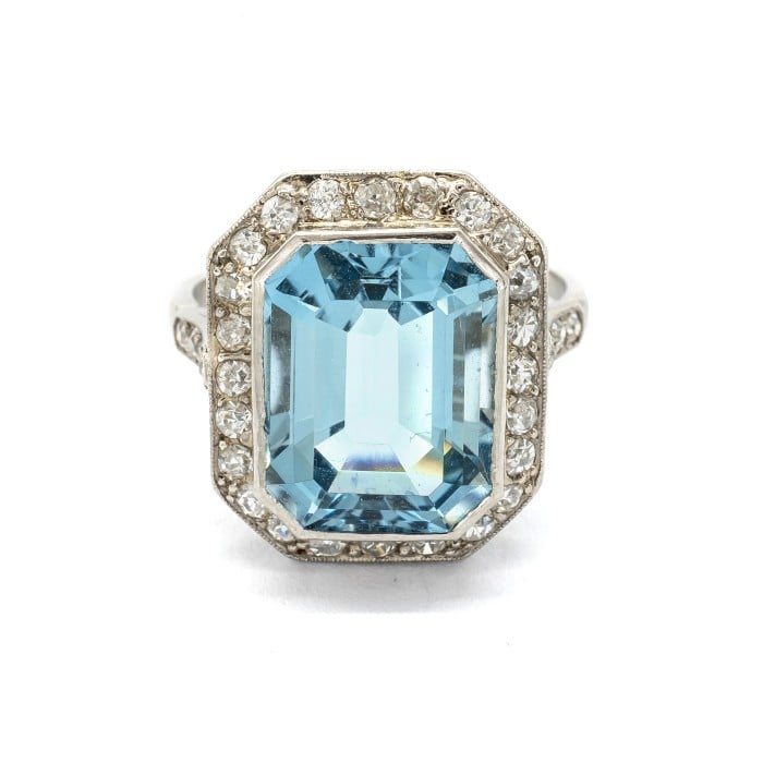 Art Deco Aquamarine, Diamond and Platinum Ring