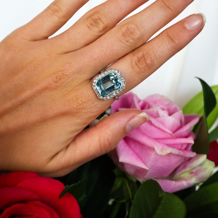 Art Deco Aquamarine, Diamond and Platinum Ring