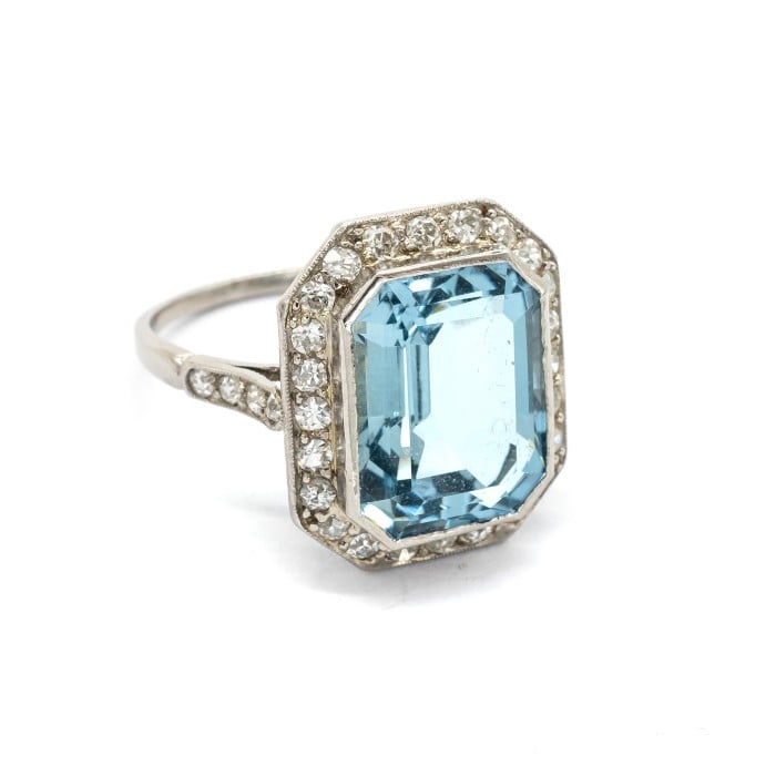 Art Deco Aquamarine, Diamond and Platinum Ring