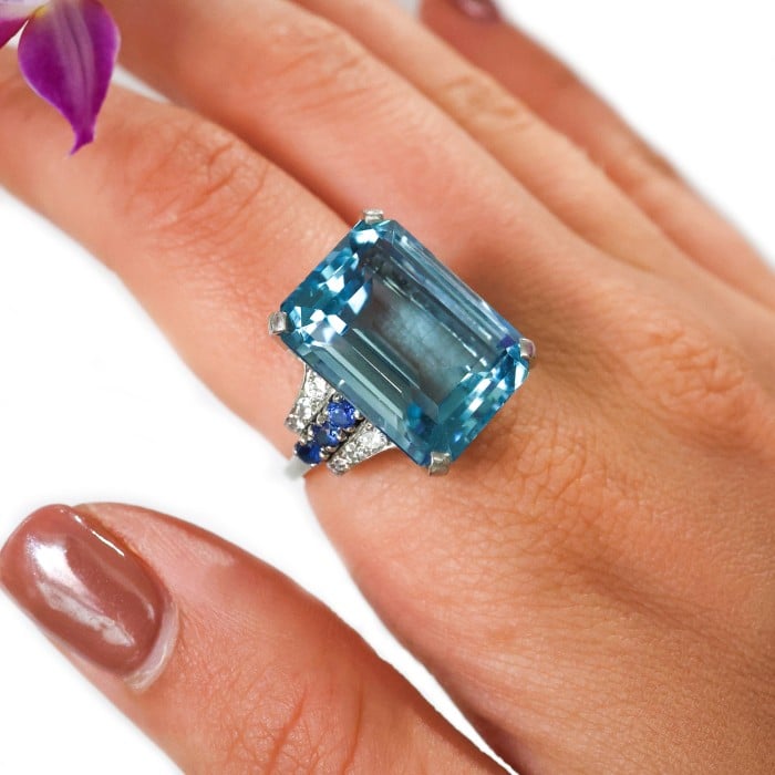 Art Deco Aquamarine, Sapphire, Diamond and Platinum Ring, Circa 1935