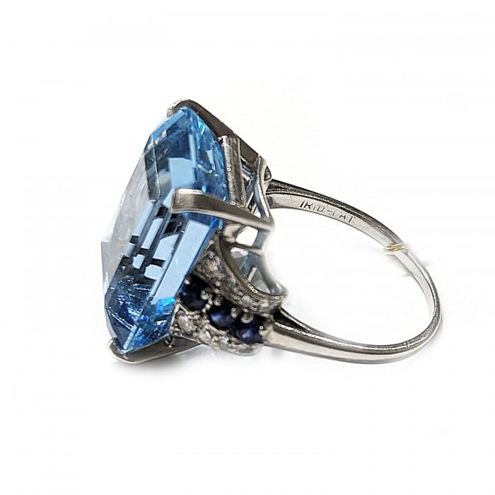 Art Deco Aquamarine, Sapphire, Diamond and Platinum Ring, Circa 1935