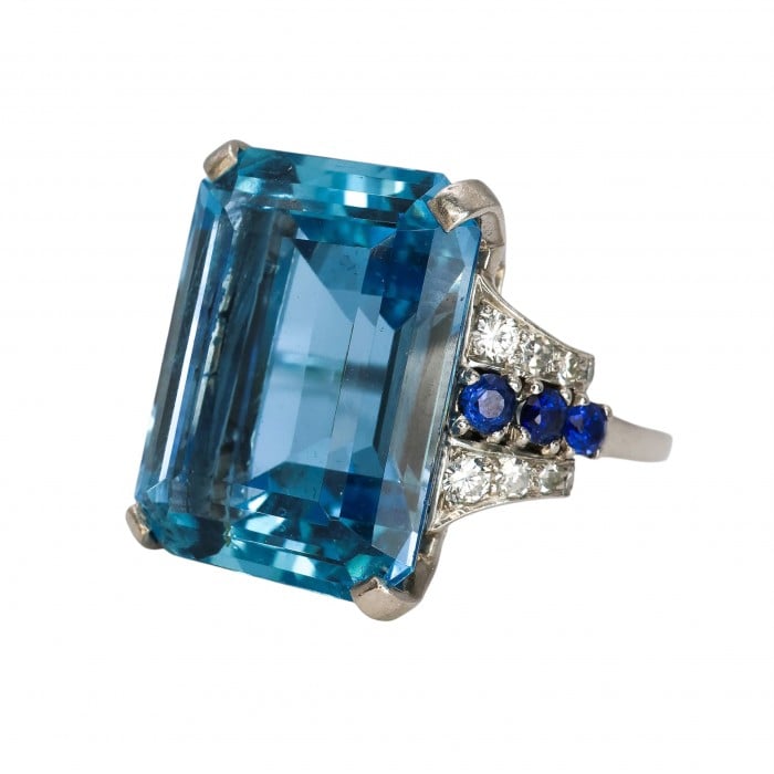 Art Deco Aquamarine, Sapphire, Diamond and Platinum Ring, Circa 1935