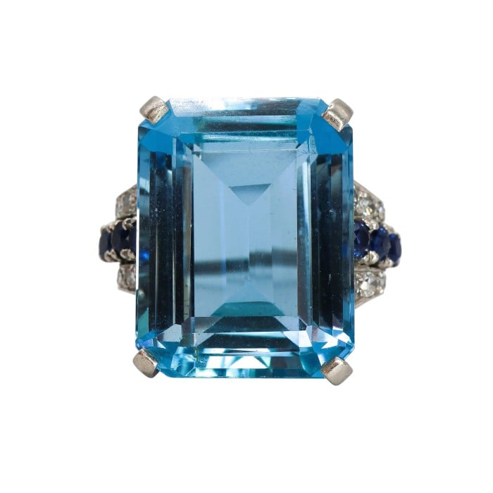 Art Deco Aquamarine, Sapphire, Diamond and Platinum Ring, Circa 1935
