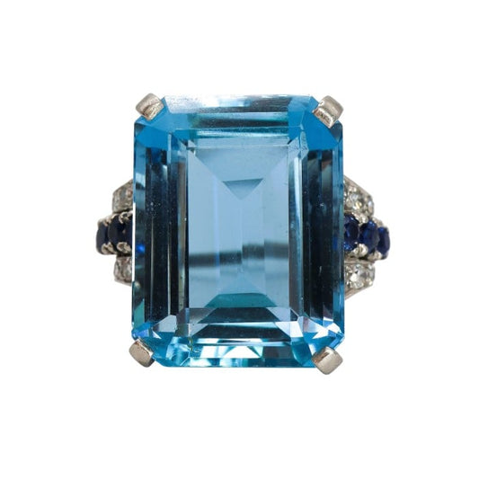 Art Deco Aquamarine, Sapphire, Diamond and Platinum Ring, Circa 1935
