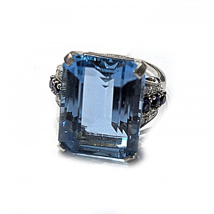 Art Deco Aquamarine, Sapphire, Diamond and Platinum Ring, Circa 1935