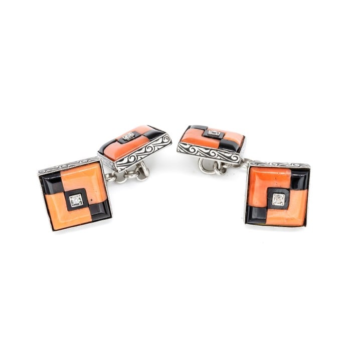 Art Deco Coral, Black Onyx, Diamond and Platinum Cufflinks, Circa 1930