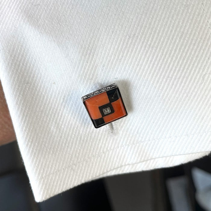 Art Deco Coral, Black Onyx, Diamond and Platinum Cufflinks, Circa 1930
