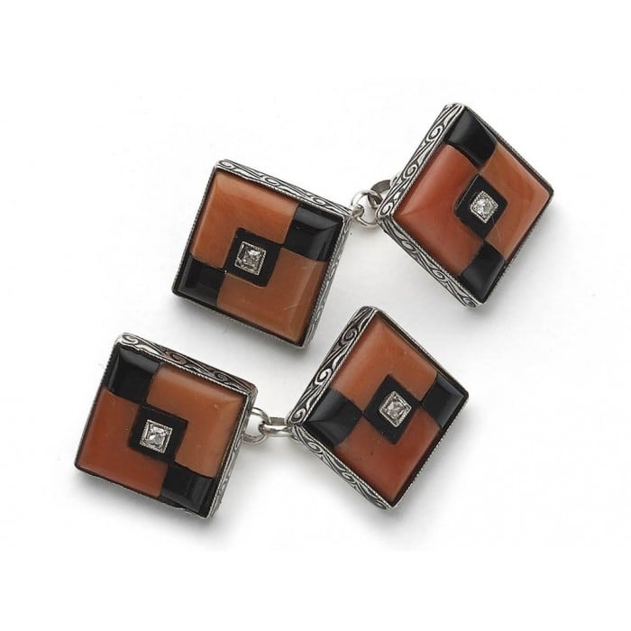 Art Deco Coral, Black Onyx, Diamond and Platinum Cufflinks, Circa 1930