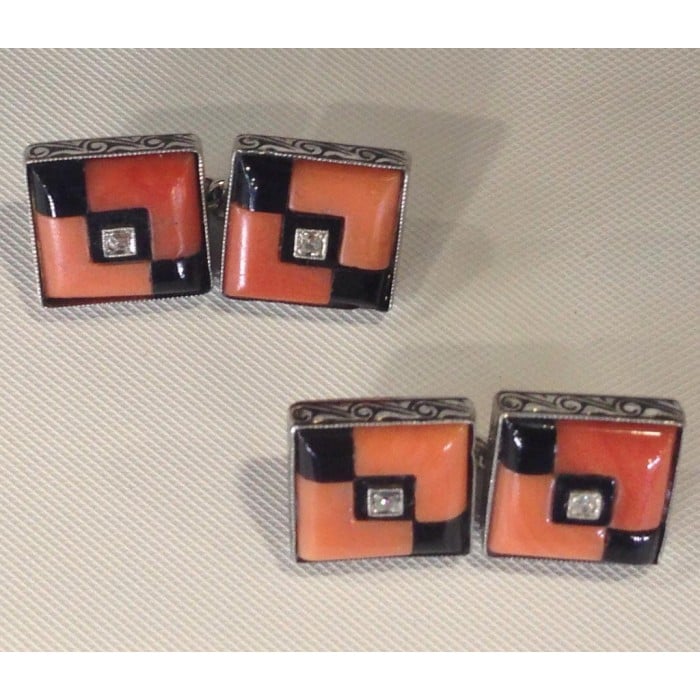 Art Deco Coral, Black Onyx, Diamond and Platinum Cufflinks, Circa 1930