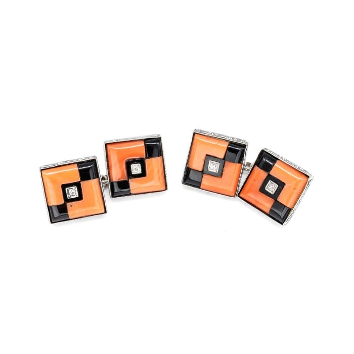 Art Deco Coral, Black Onyx, Diamond and Platinum Cufflinks, Circa 1930