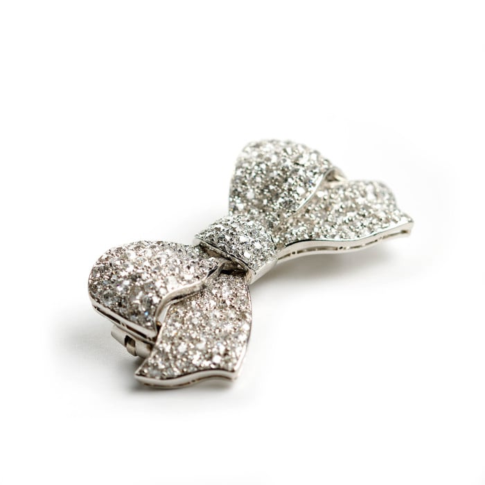 Art Deco Diamond and Platinum Bow Brooch, Circa 1925