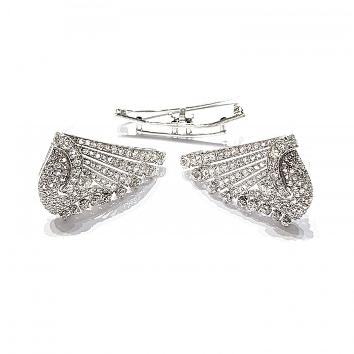 Art Deco Diamond and Platinum Double Clip Brooch, 8.00 Carats, Circa 1945