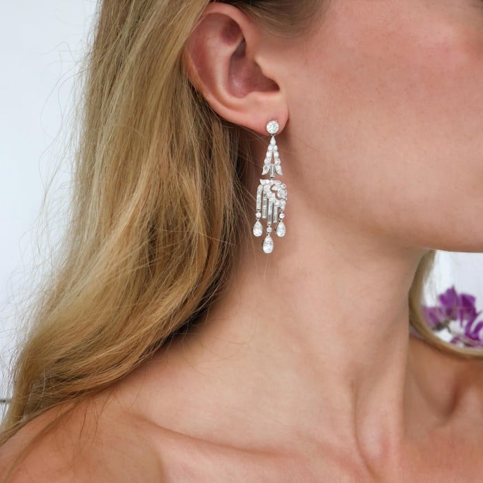 Art Deco Diamond and Platinum Drop Earrings, Circa 1920, 7.00 Carats