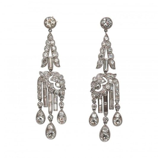 Art Deco Diamond and Platinum Drop Earrings, Circa 1920, 7.00 Carats