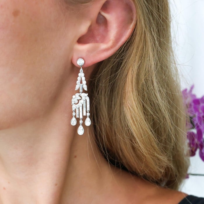 Art Deco Diamond and Platinum Drop Earrings, Circa 1920, 7.00 Carats