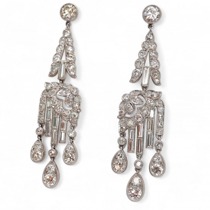 Art Deco Diamond and Platinum Drop Earrings, Circa 1920, 7.00 Carats