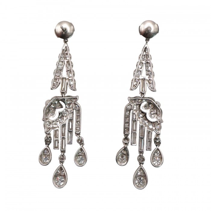 Art Deco Diamond and Platinum Drop Earrings, Circa 1920, 7.00 Carats