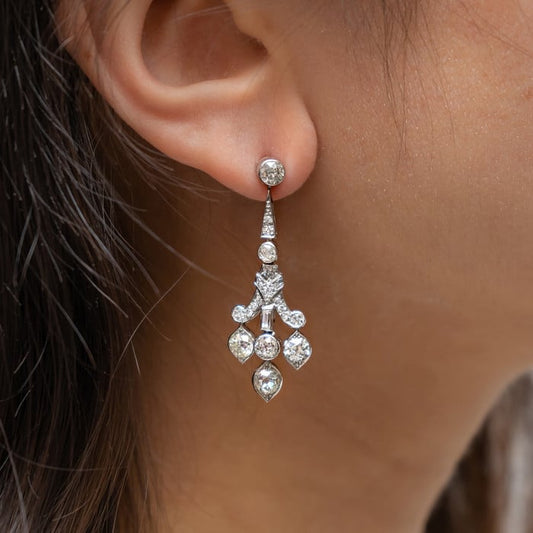 Art Deco Diamond and Platinum Drop Earrings, Circa 1920