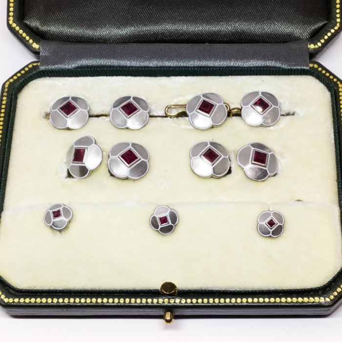 Art Deco Gold, Ruby, Enamel, White and Yellow Gold Dress-Set, Circa 1930
