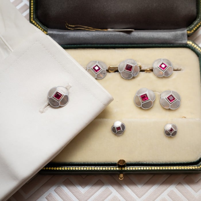 Art Deco Gold, Ruby, Enamel, White and Yellow Gold Dress-Set, Circa 1930