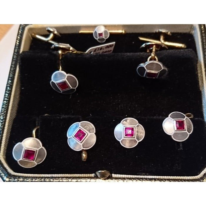 Art Deco Gold, Ruby, Enamel, White and Yellow Gold Dress-Set, Circa 1930