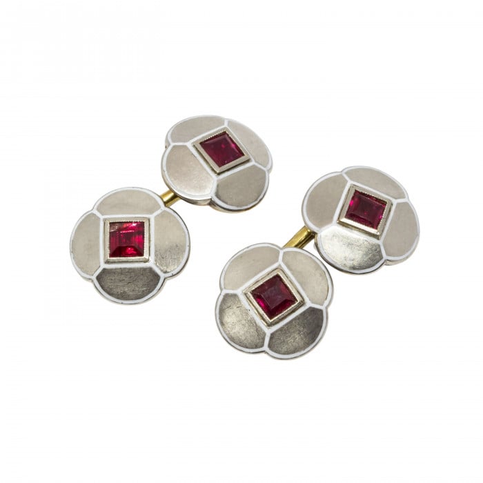 Art Deco Gold, Ruby, Enamel, White and Yellow Gold Dress-Set, Circa 1930