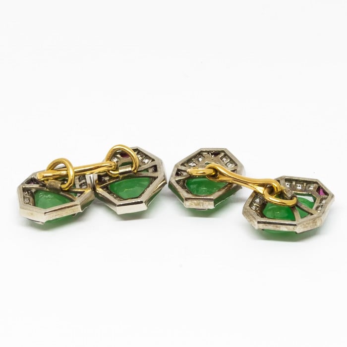 Art Deco Jade, Ruby and Diamond and Platinum Cufflinks, Circa 1920