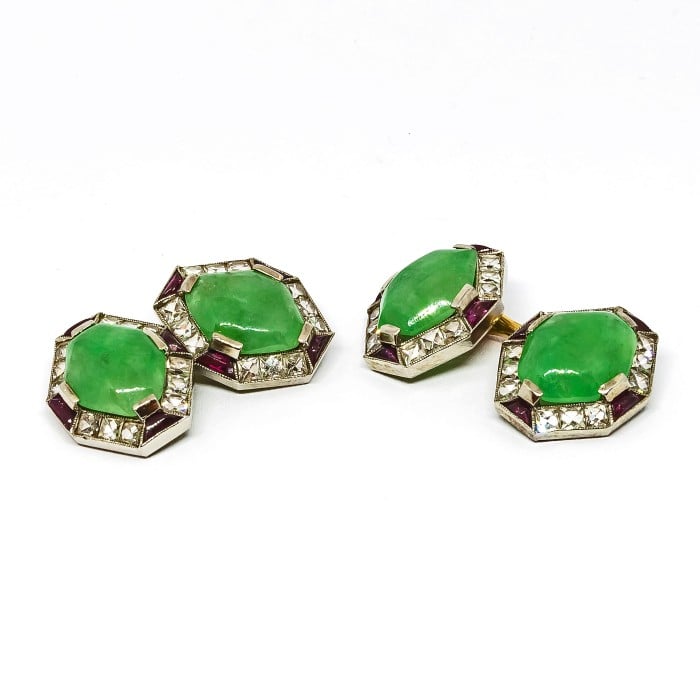 Art Deco Jade, Ruby and Diamond and Platinum Cufflinks, Circa 1920