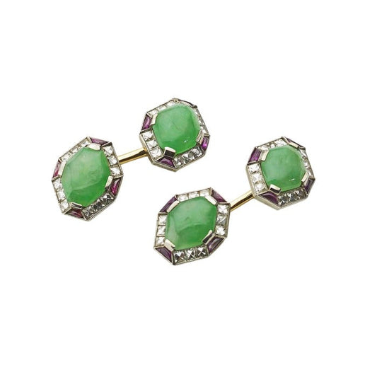 Art Deco Jade, Ruby and Diamond and Platinum Cufflinks, Circa 1920