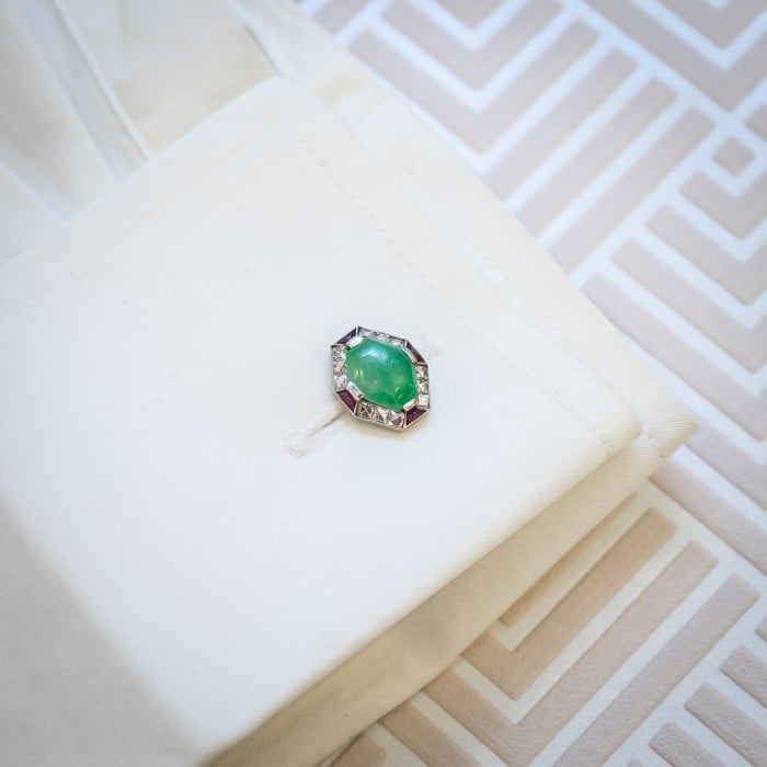 Art Deco Jade, Ruby and Diamond and Platinum Cufflinks, Circa 1920