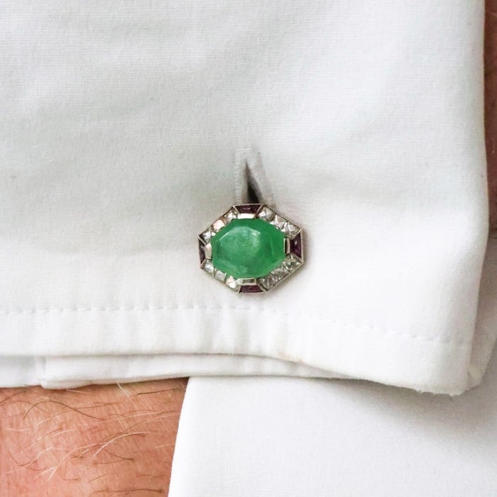 Art Deco Jade, Ruby and Diamond and Platinum Cufflinks, Circa 1920