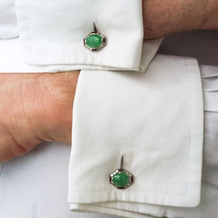 Art Deco Jade, Ruby and Diamond and Platinum Cufflinks, Circa 1920
