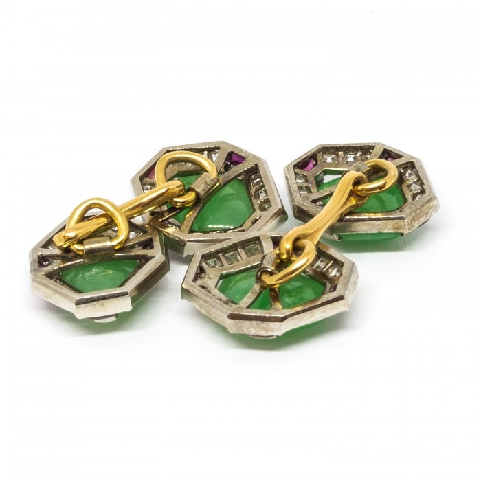 Art Deco Jade, Ruby and Diamond and Platinum Cufflinks, Circa 1920