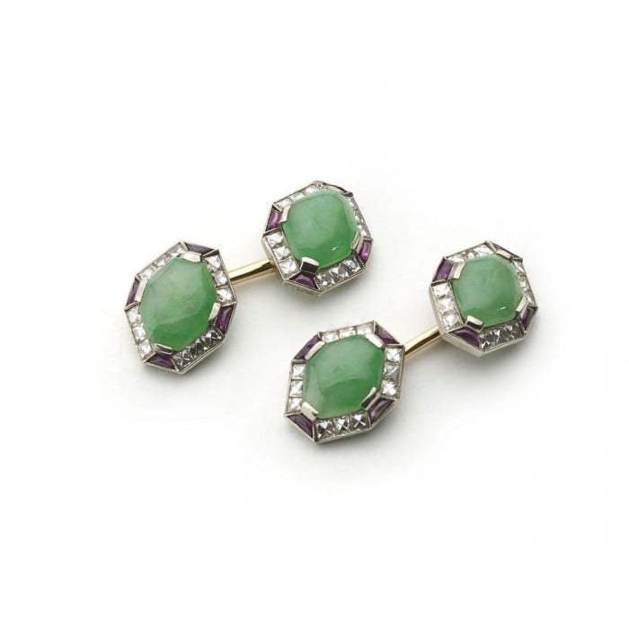 Art Deco Jade, Ruby and Diamond and Platinum Cufflinks, Circa 1920