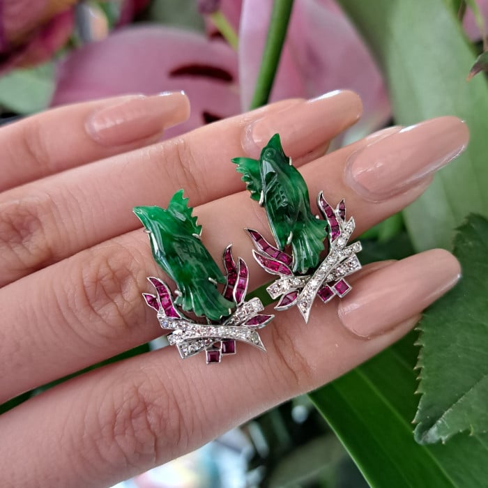 Art Deco Jade, Ruby, Diamond and Platinum Phoenix Earrings, Circa 1920
