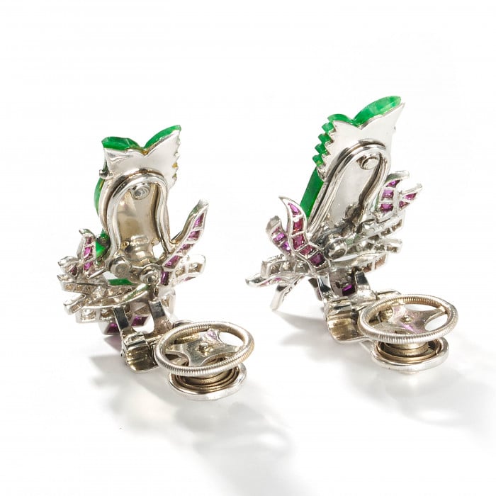 Art Deco Jade, Ruby, Diamond and Platinum Phoenix Earrings, Circa 1920
