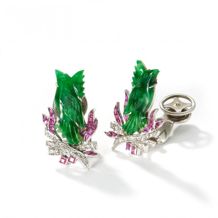 Art Deco Jade, Ruby, Diamond and Platinum Phoenix Earrings, Circa 1920
