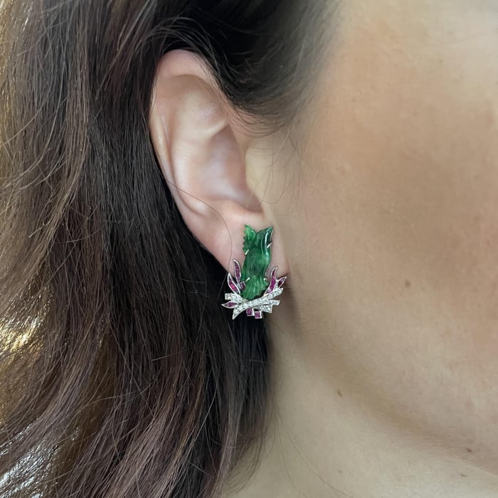 Art Deco Jade, Ruby, Diamond and Platinum Phoenix Earrings, Circa 1920