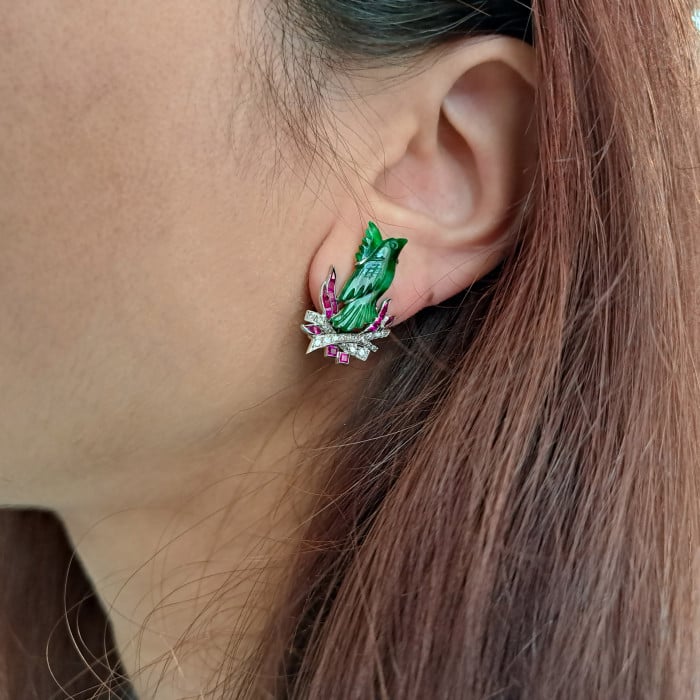 Art Deco Jade, Ruby, Diamond and Platinum Phoenix Earrings, Circa 1920