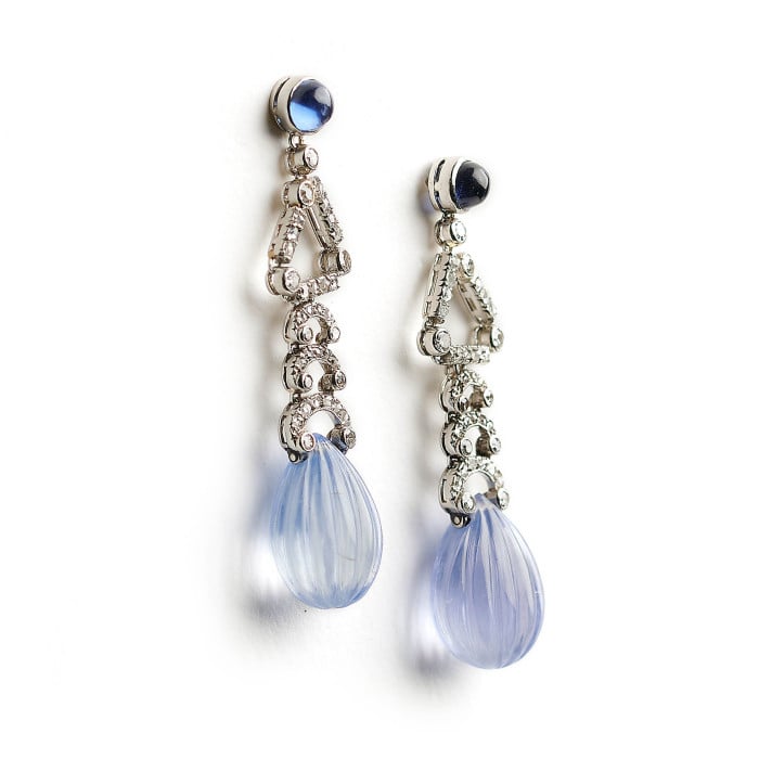 Art Deco Marzo Sapphire and Diamond Drop Earrings, Circa 1930
