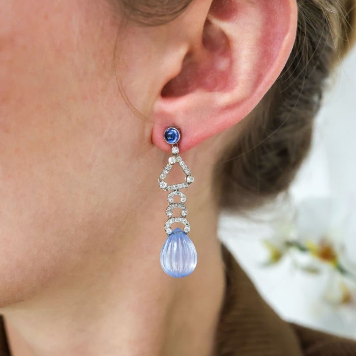 Art Deco Marzo Sapphire and Diamond Drop Earrings, Circa 1930