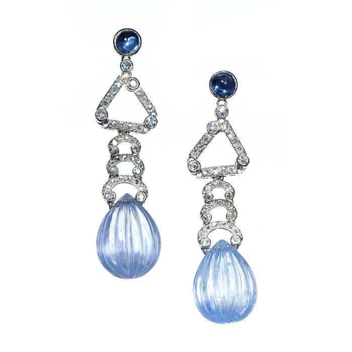 Art Deco Marzo Sapphire and Diamond Drop Earrings, Circa 1930