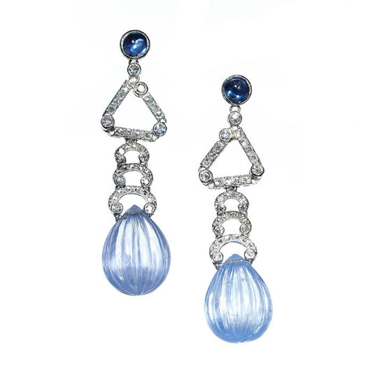 Art Deco Marzo Sapphire and Diamond Drop Earrings, Circa 1930