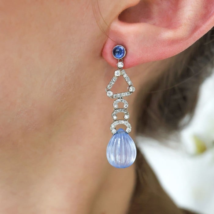 Art Deco Marzo Sapphire and Diamond Drop Earrings, Circa 1930
