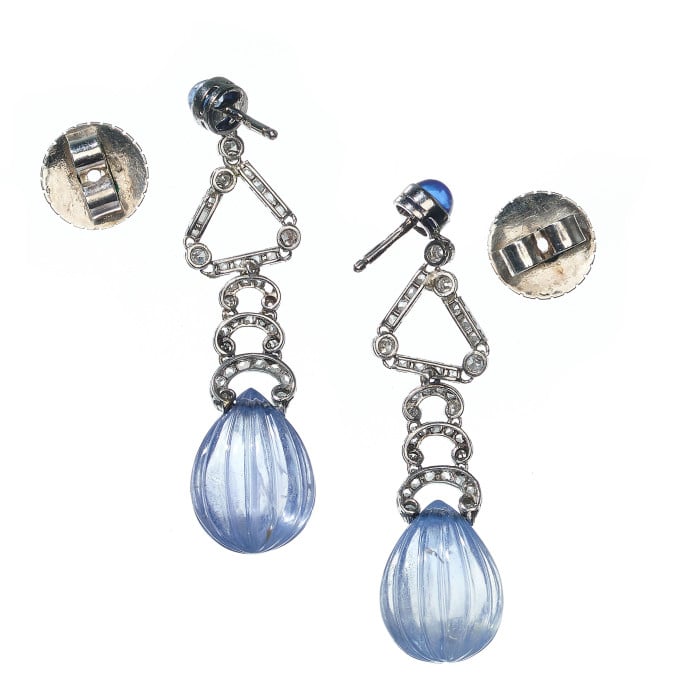 Art Deco Marzo Sapphire and Diamond Drop Earrings, Circa 1930