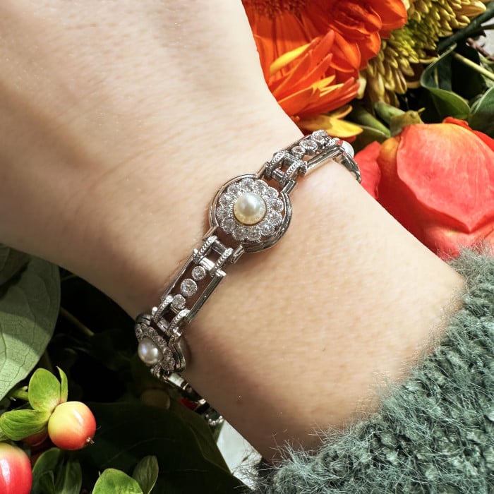 Art Deco Natural Pearl Diamond and Platinum Bracelet, Circa 1930