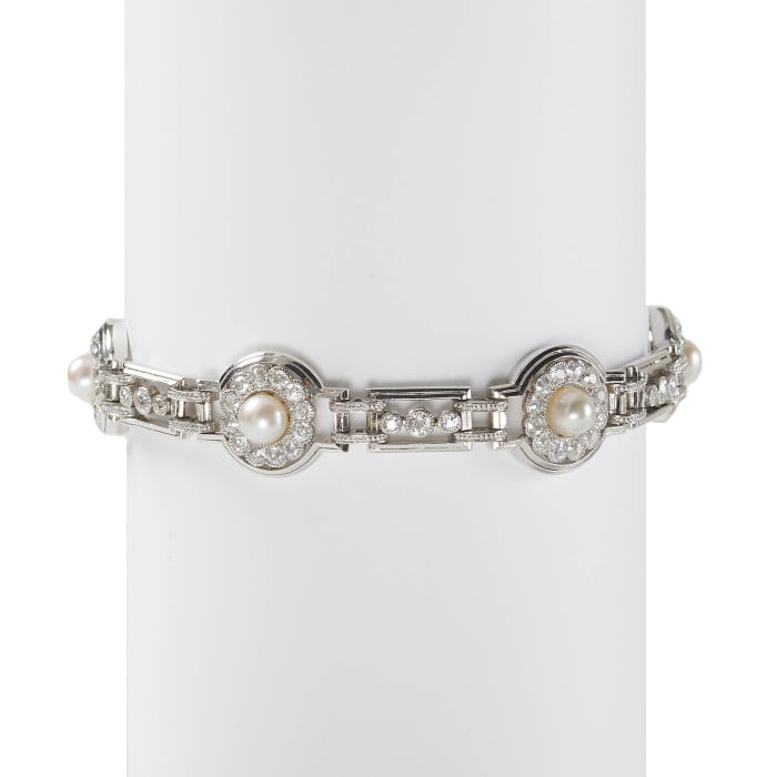 Art Deco Natural Pearl Diamond and Platinum Bracelet, Circa 1930