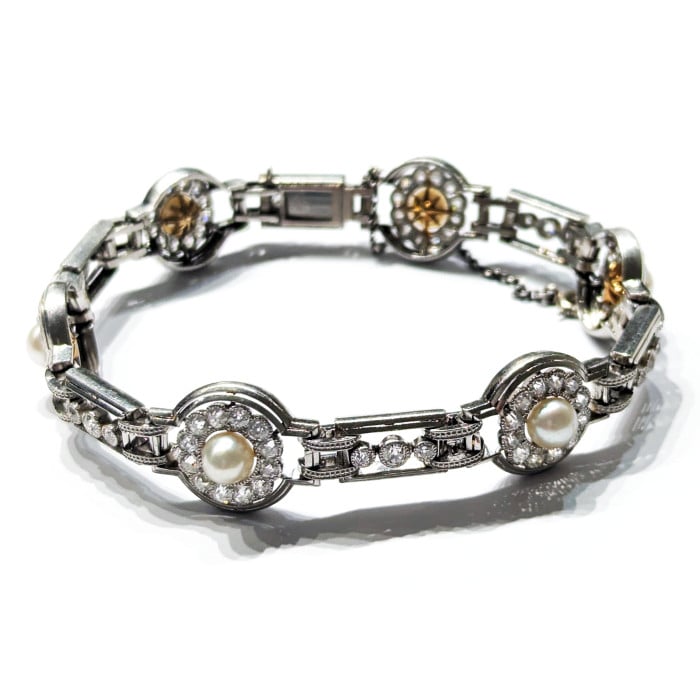 Art Deco Natural Pearl Diamond and Platinum Bracelet, Circa 1930