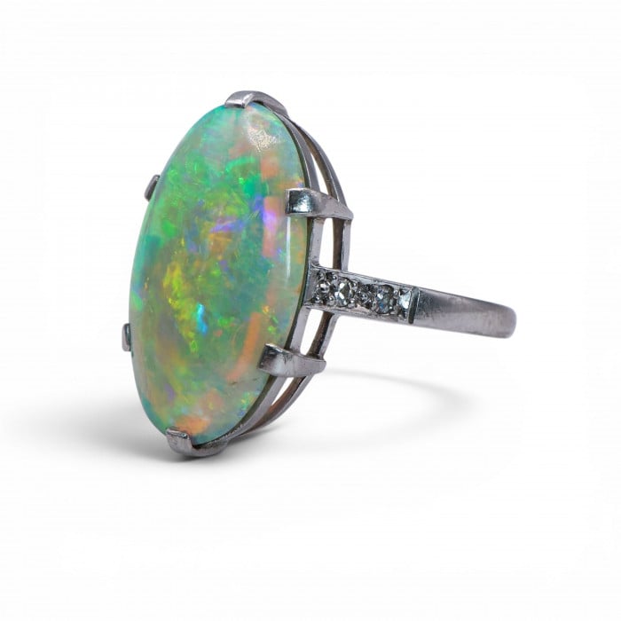 Art Deco Opal, Diamond and Platinum Ring, Circa 1930